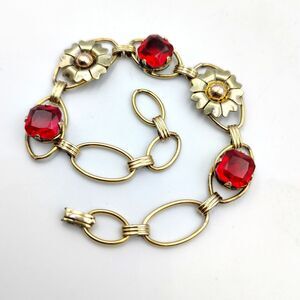 Vintage 1940-50s Sterling Silver 12K Gold Filled Red Glass Flower Bracelet 7"